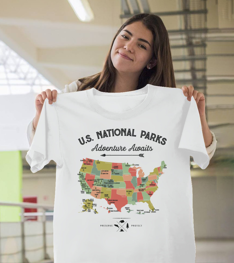 U.S. National Parks Adventure Awaits Map Preserve Protect Vintage Camping Hiking 59 US T-Shirt
