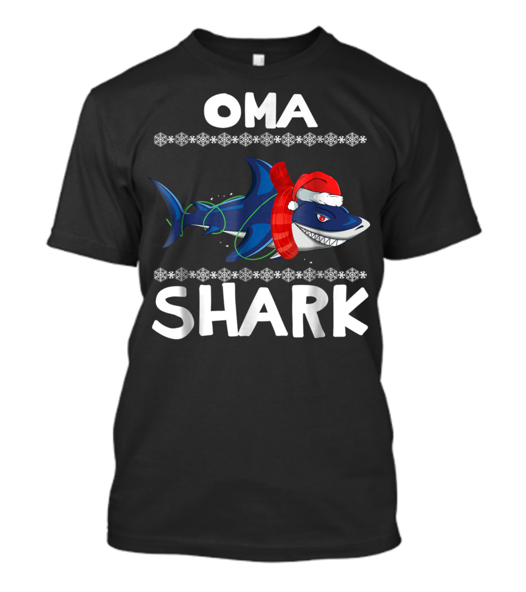 Oma Shark Ugly Christmas Santa Hat Snowflakes Sweater Family 15 T-Shirt