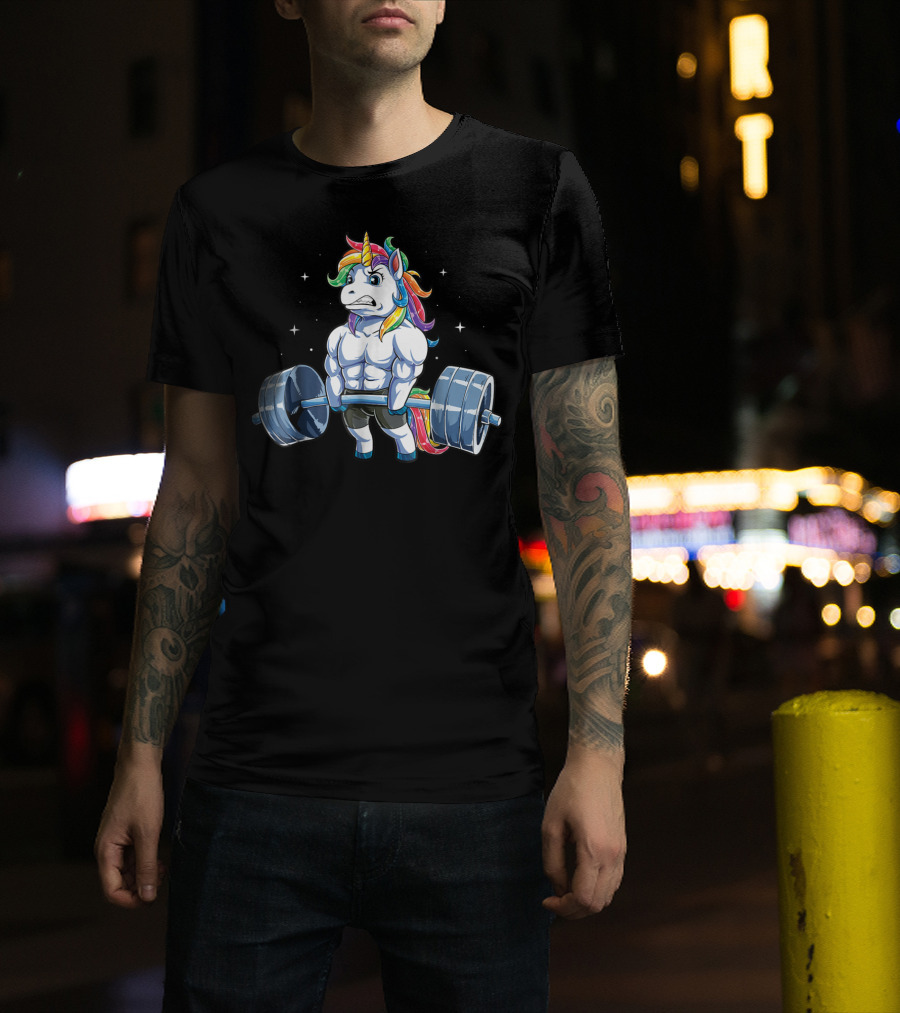 Unicorn Weightlifting Fitness Gym Deadlift Rainbow13 Muscular Mythical Beast Lifting Barbell T-Shirt