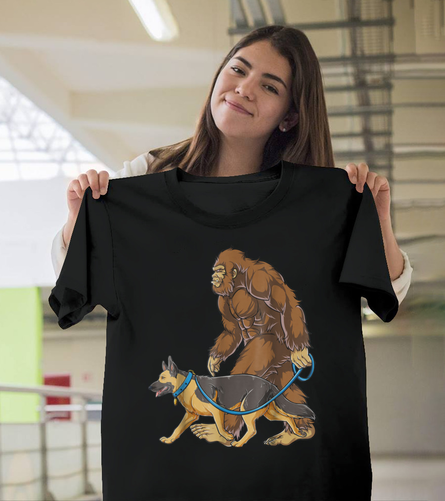 Bigfoot Sasquatch Walking German Shepherd Dog for Kids and Men T-Shirt