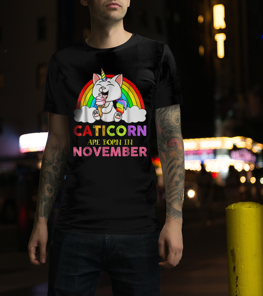 Caticorn Are Born In November Rainbow Ice Cream Cloud Cat Unicorn T-Shirt