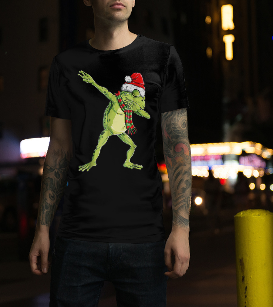 Christmas Dabbing Frog With Santa Hat And Scarf T-Shirt
