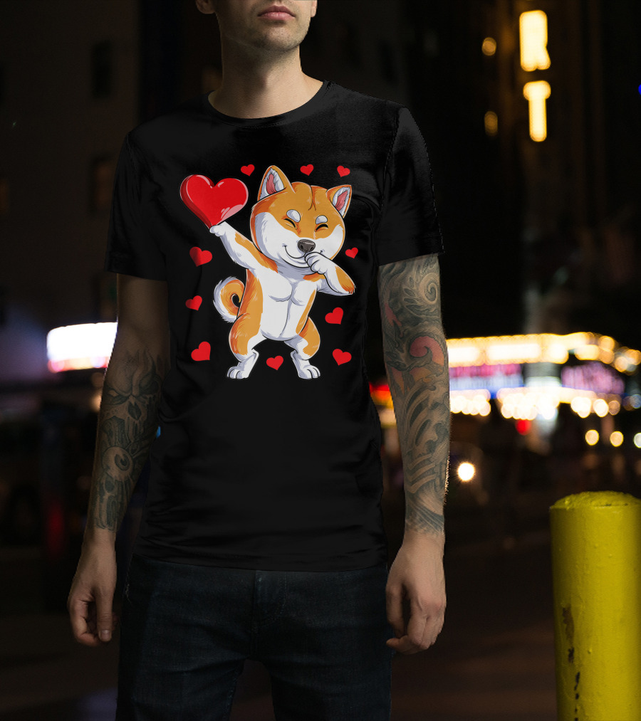 Dabbing Shiba Inu Holding Heart Valentines Day Dog Lover Boys T-Shirt