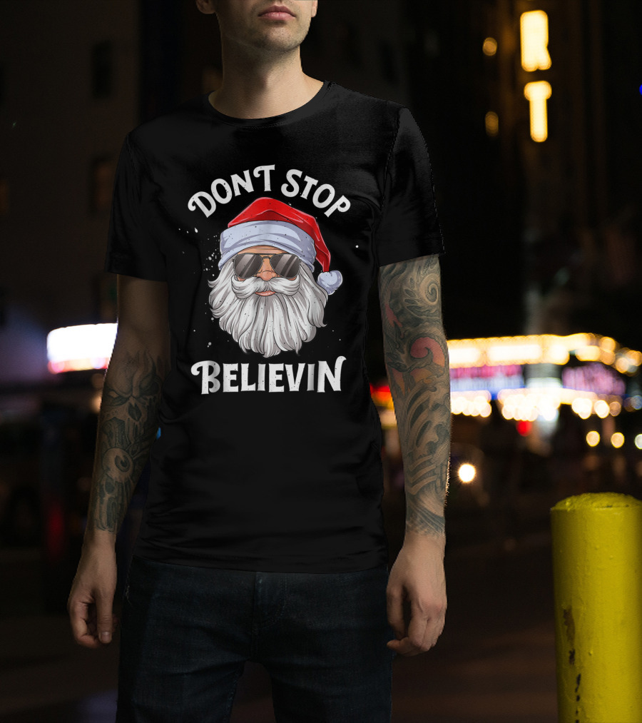 Dont Stop Believin Santa Christmas Boys Sunglasses Holiday T-Shirt