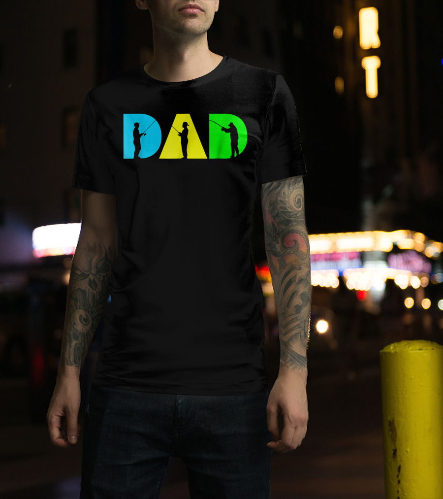 Funny Dad Fishing Silhouette Blue Yellow Green Design Father76 T-Shirt