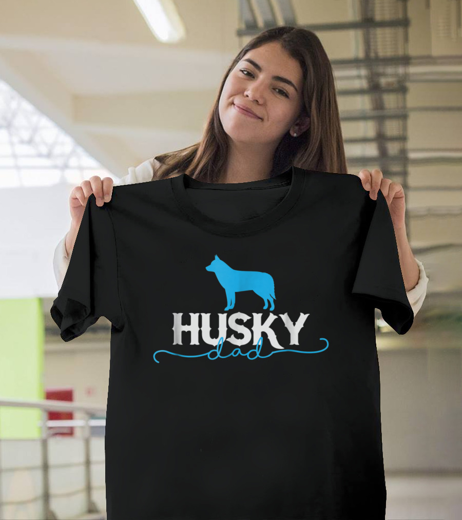 Husky Dad Dog Silhouette Blue and White T-Shirt