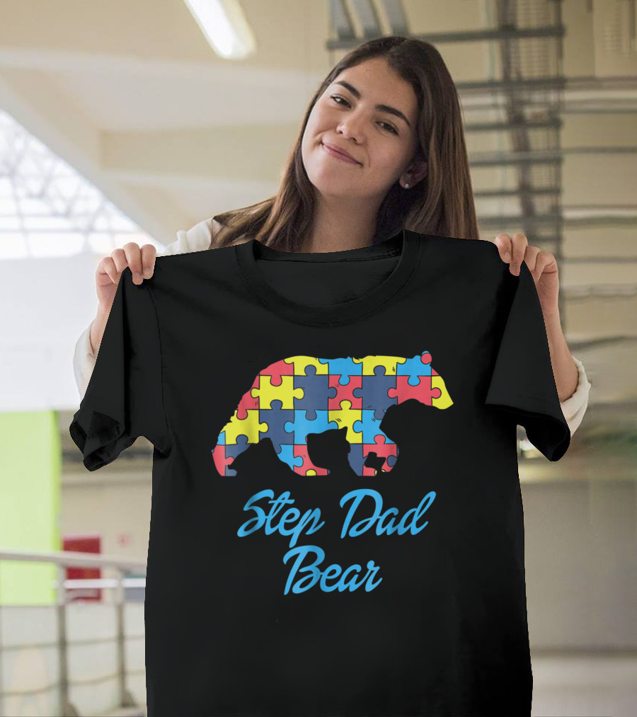 Step Dad Bear Autism Awareness Puzzle T-Shirt