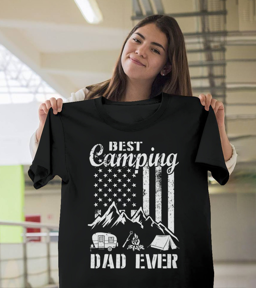 Best Camping Dad Ever American Flag Mountains Campfire Tent And Camper T-Shirt