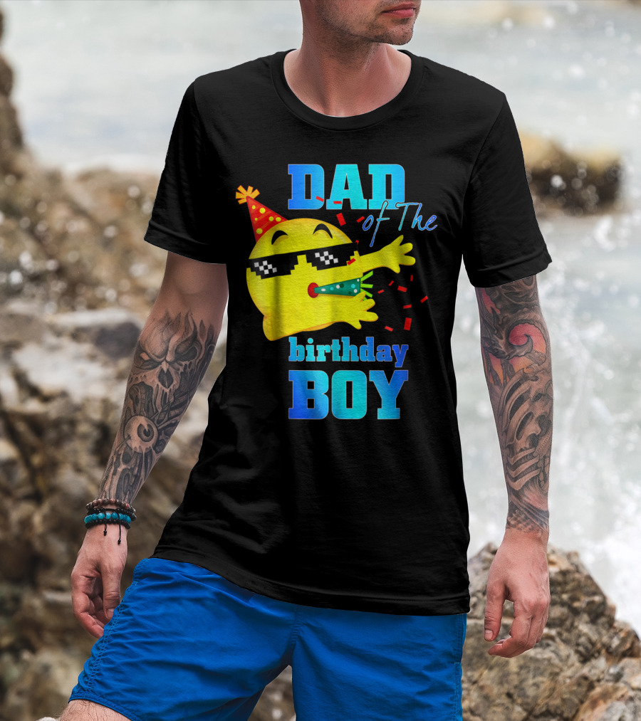 Dad Of The Birthday Boy Dabbing Emoji With Party Hat And Confetti T-Shirt