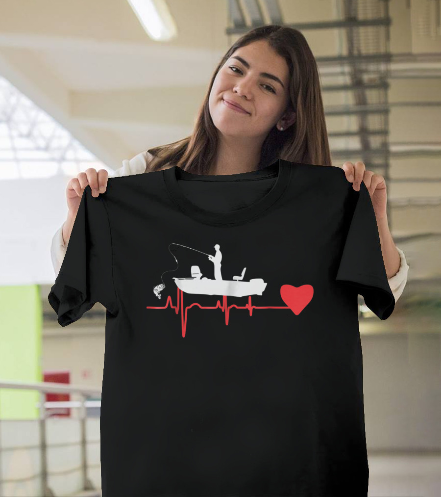 Awesome Fishing Heartbeat for Fishing Dad in a Boat with Red Heart T-Shirt