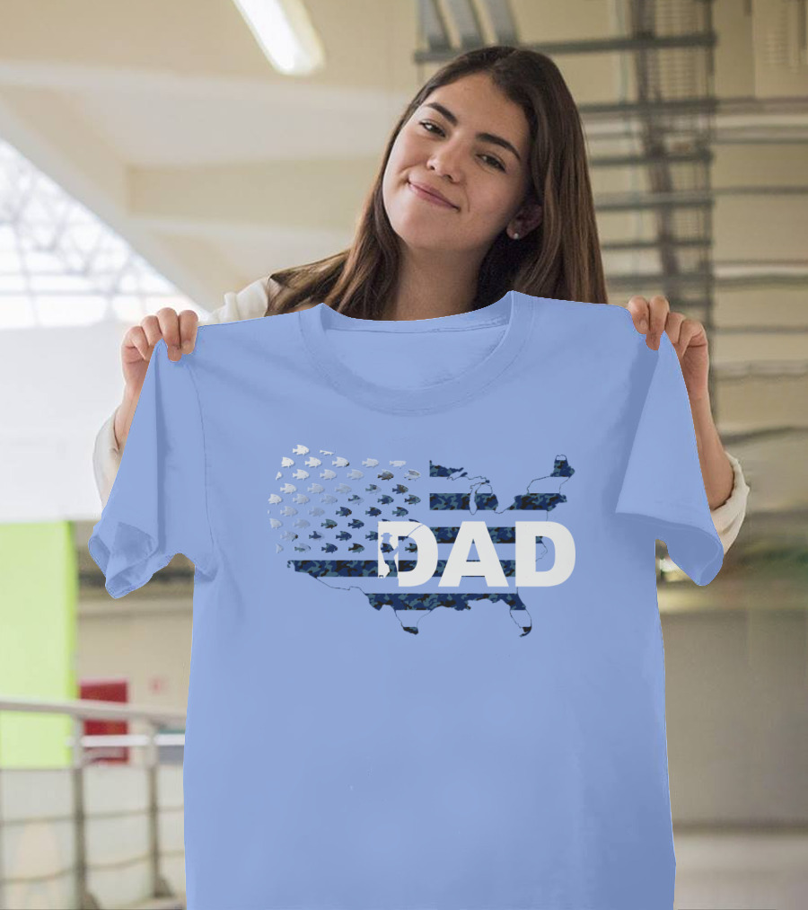 Dad Camouflage Flag Map USA Fish T-Shirt