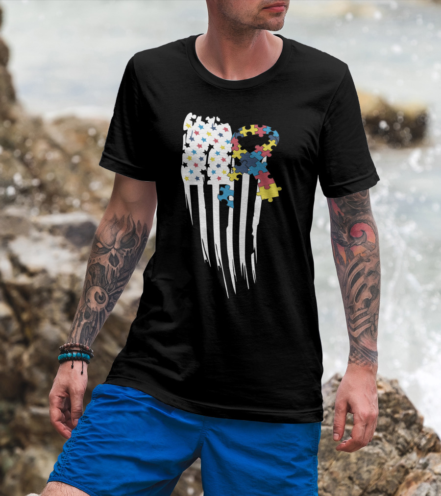 Autism Awareness Month Stars And Stripes Puzzle Ribbon Flag T-Shirt