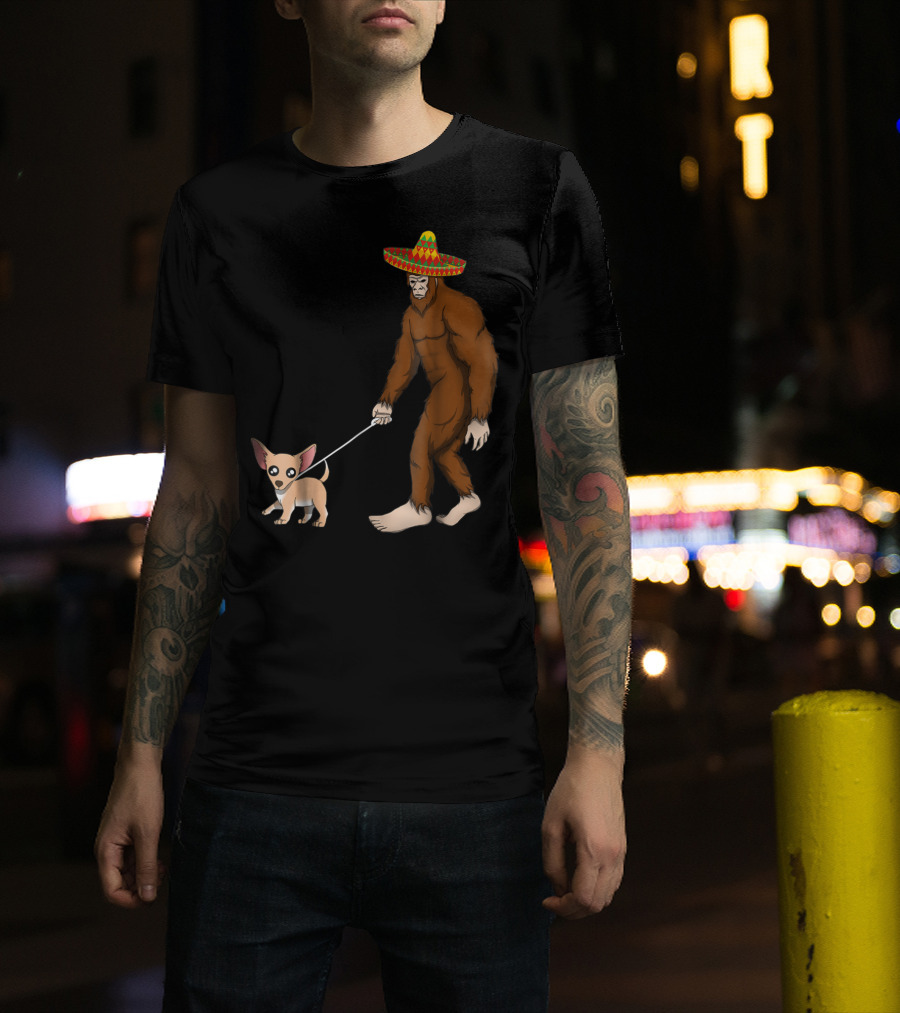 Bigfoot Sombrero Walking Chihuahua Cinco De Mayo T-Shirt