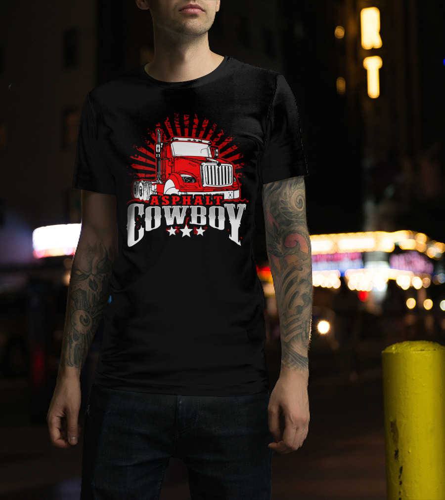 Asphalt Cowboy Red Truck Driver Dad Humor T-Shirt