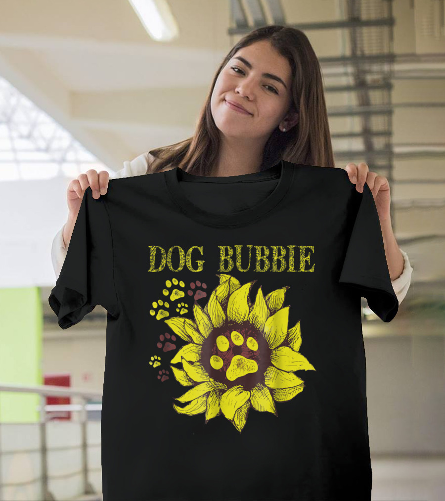 Dog Bubbie Sunflower And Paw Prints T-Shirt