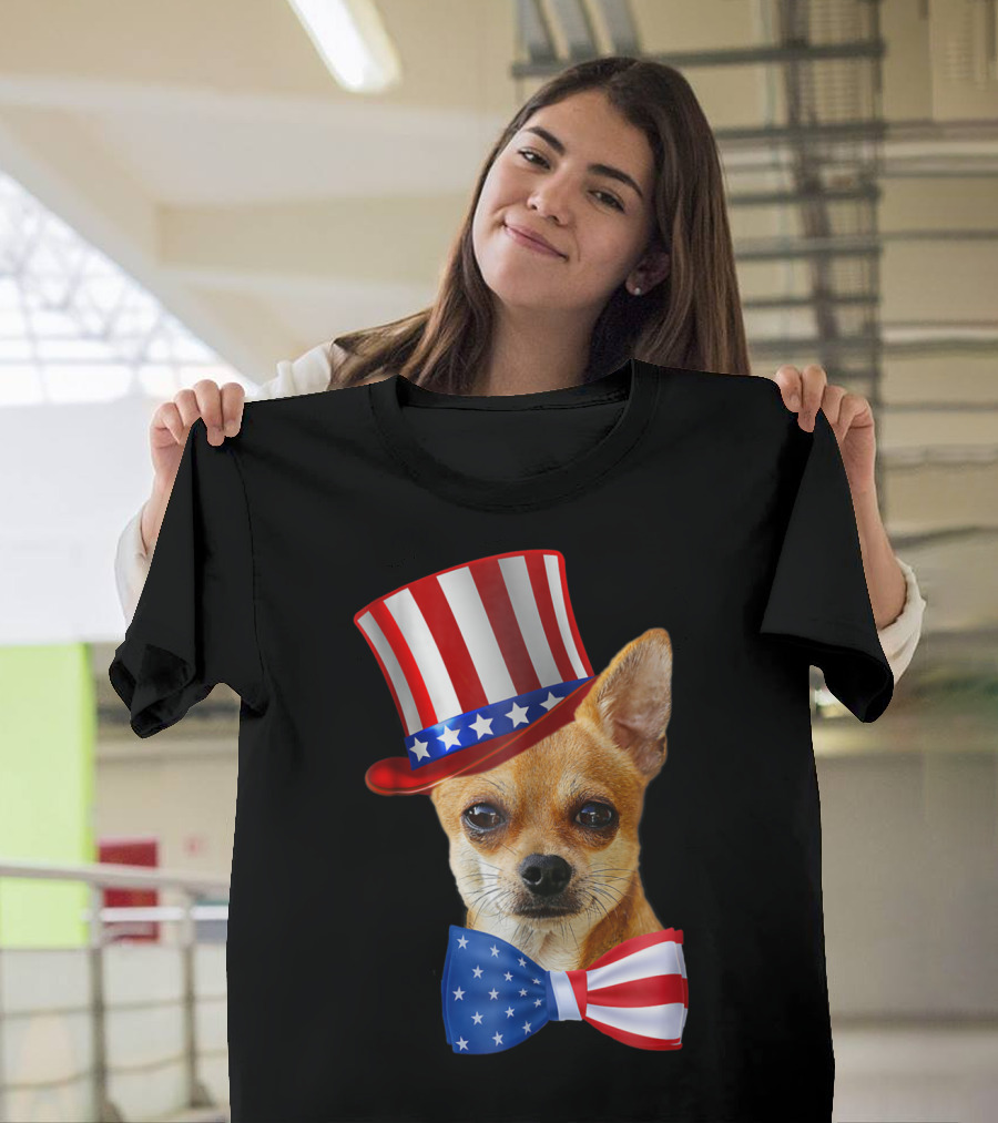 Chihuahua Uncle Sam Hat And Bowtie American Flag T-Shirt