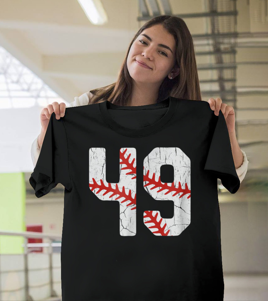 Baseball Player Jersey Number 49 Red Stitching T-Shirt