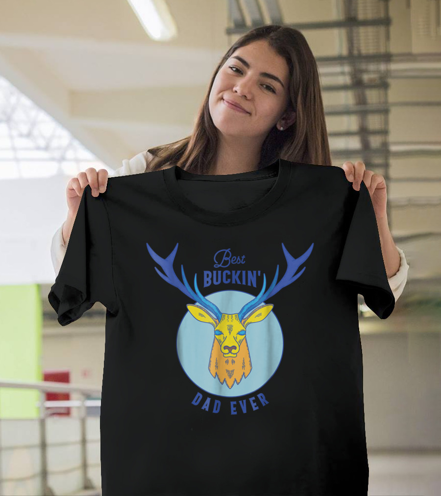 Best Buckin' Dad Ever Deer Hunting Stag Head Blue And Yellow Circle T-Shirt