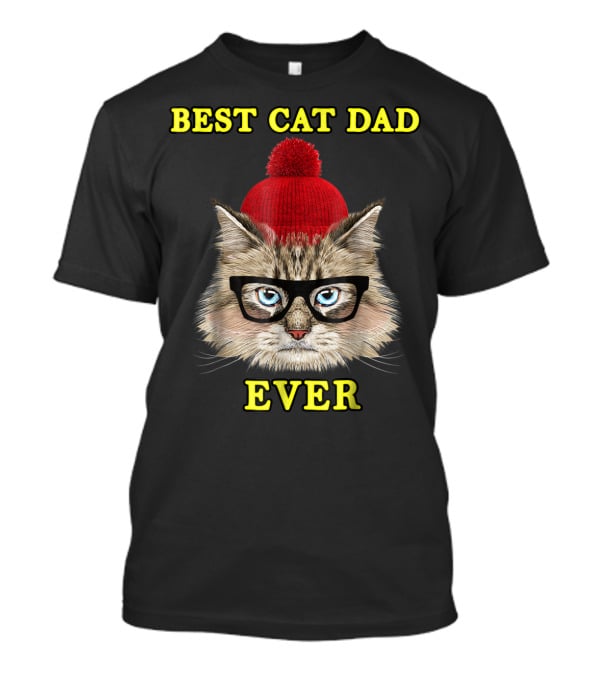 Best Cat Dad Ever Funny Pictoplast91 Red Beanie Glasses Cat T-Shirt