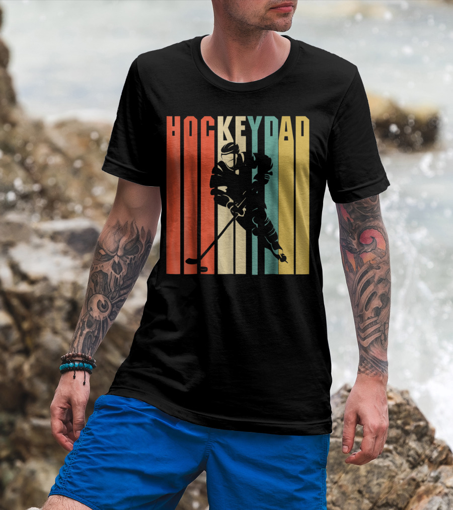 Classic Vintage Hockey Dad Player Silhouette Retro Stripes T-Shirt