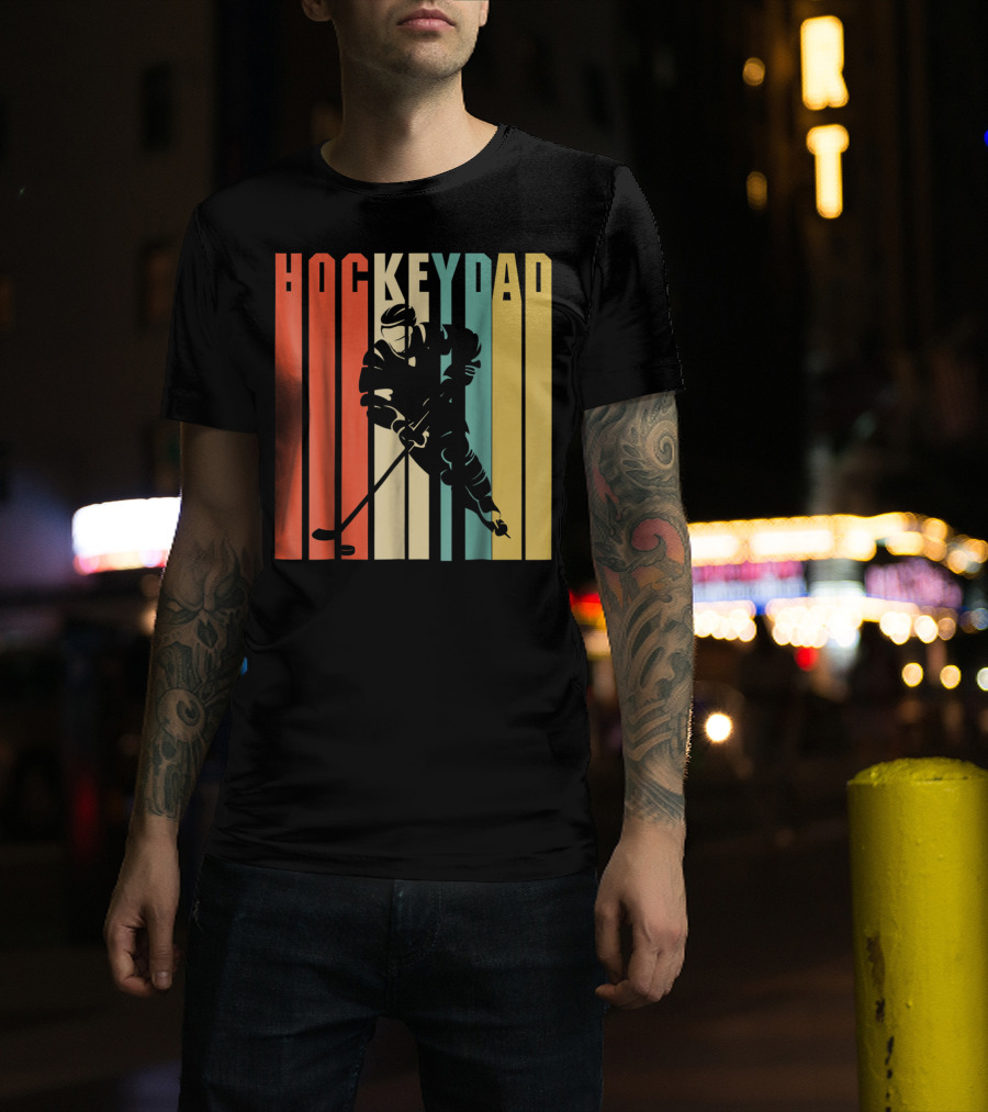 Classic Vintage Hockey Dad Player Silhouette Retro Stripes T-Shirt