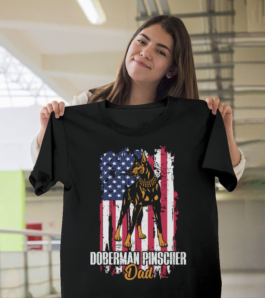Doberman Pinscher Dad American Flag T-Shirt