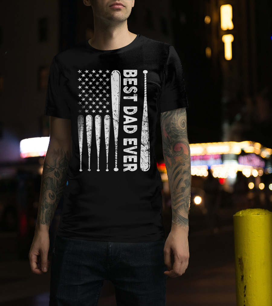 Best Dad Ever American Flag Baseball SoftballUSA T-Shirt