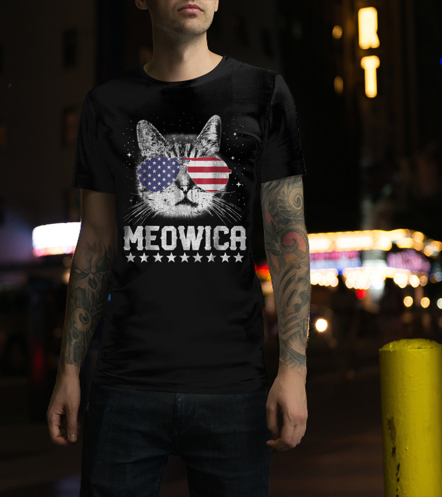 MEOWICA American Flag Cat With USA Sunglasses Stars T-Shirt