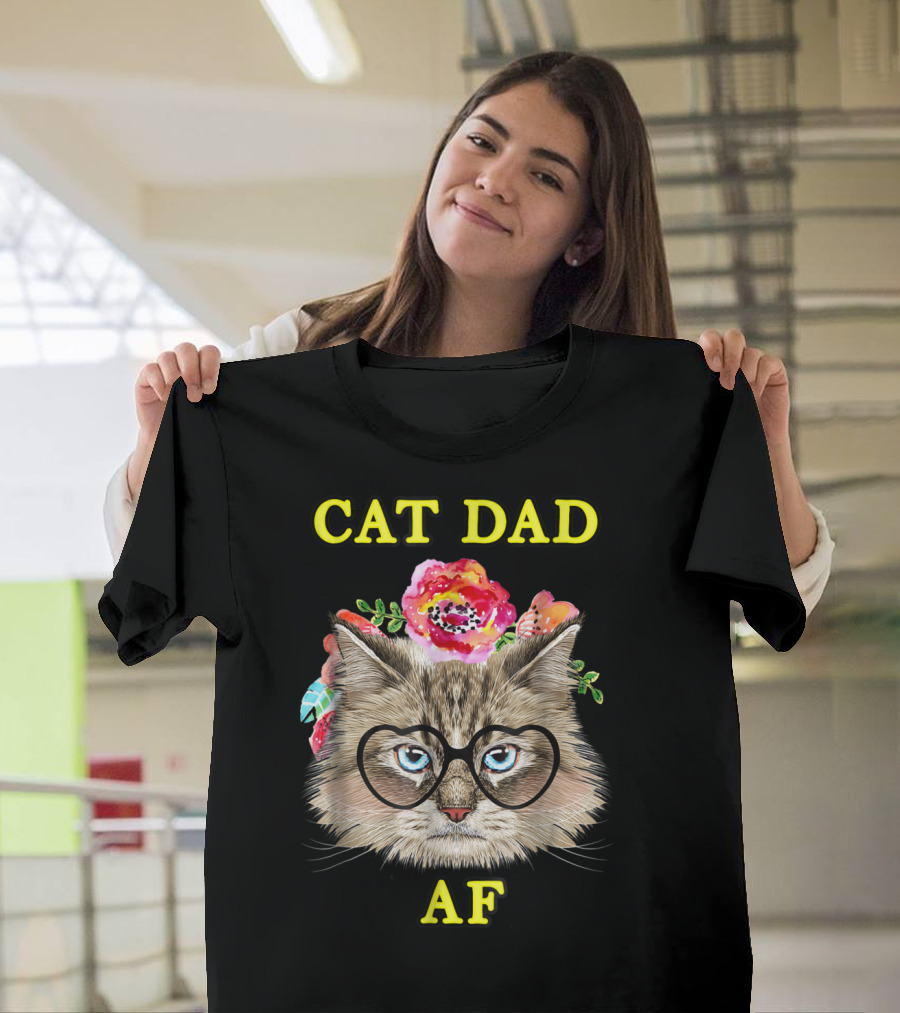 Funny Cat Dad AF With Floral Bouquet And Glasses T-Shirt