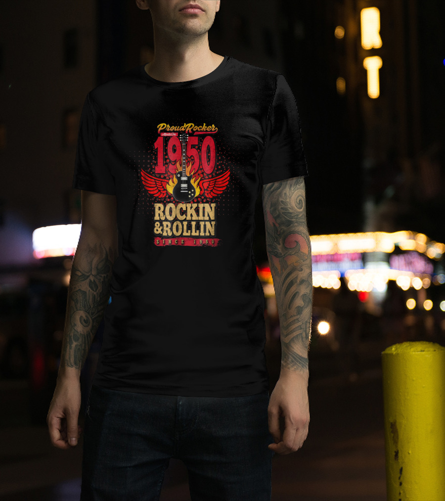 Proud Rocker Made In 1950 Flaming Wing Guitar Rockin And Rollin Since 1950 T-Shirt