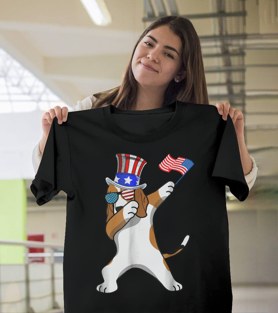 Patriotic Beagle Dabbing Dog Dad 4th of July American Flag Hat Sunglasses T-Shirt