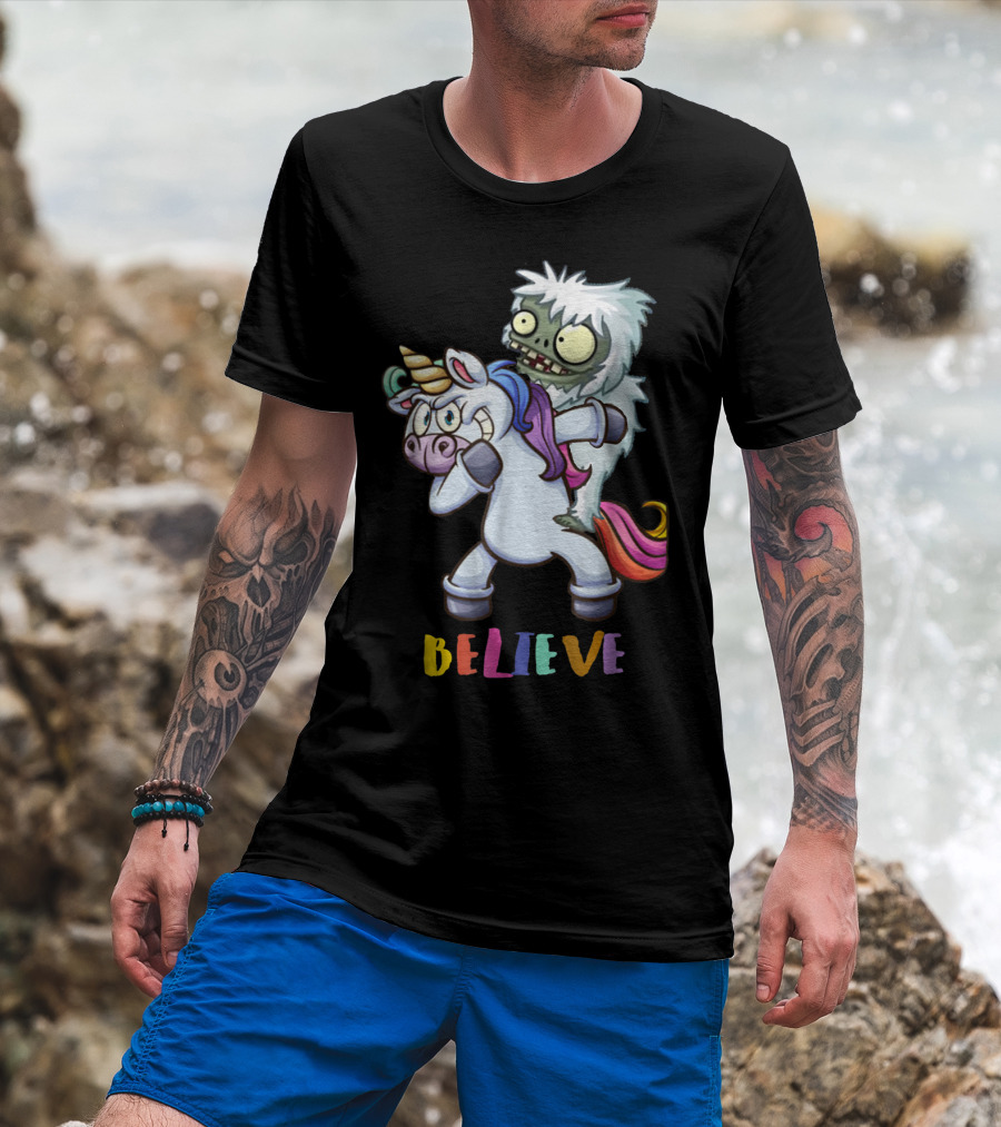 Believe Bigfoot Riding Unicorn T-Shirt