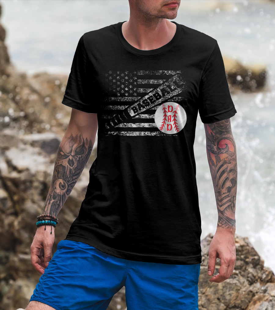 Baseball Dad American Flag With Bat And Ball T-Shirt