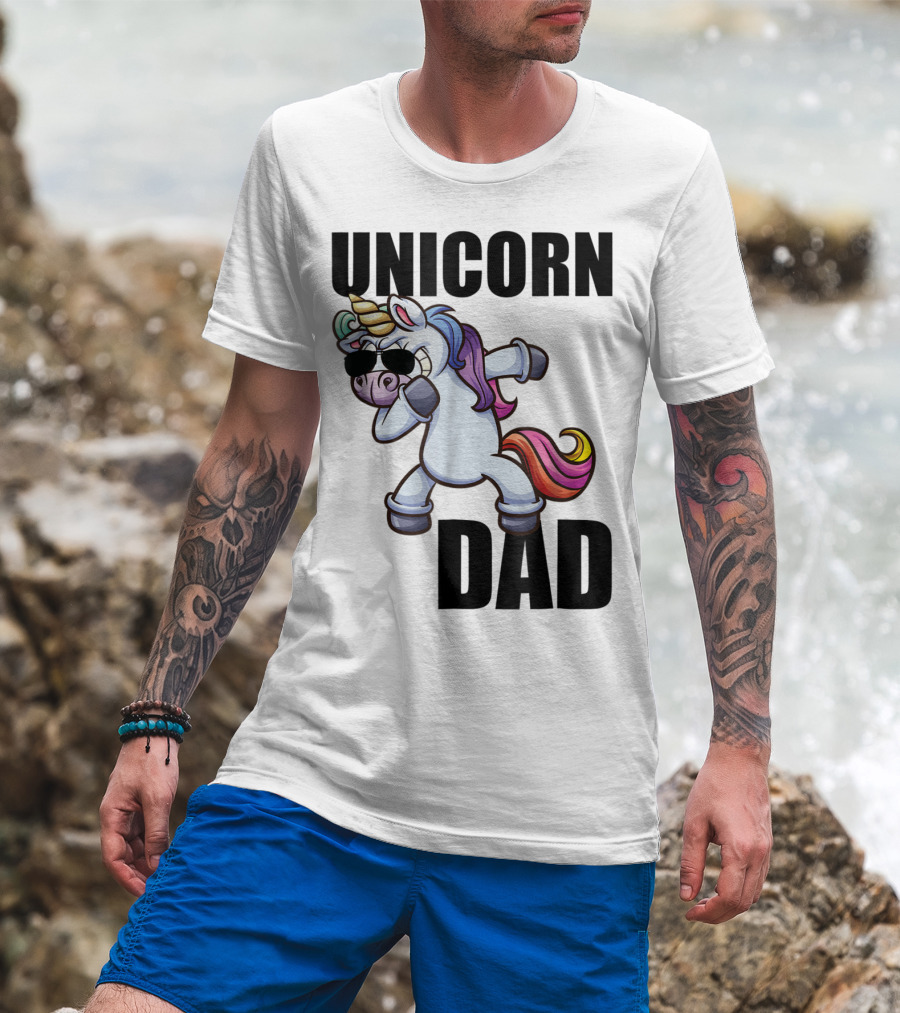 Unicorn Dad Dabbing With Sunglasses And Rainbow Mane T-Shirt