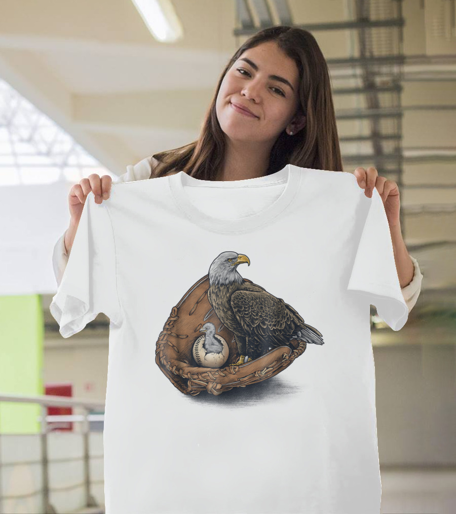 American Baseball Bald Eagle With Glove And Baseball Nestling Kids11 T-Shirt