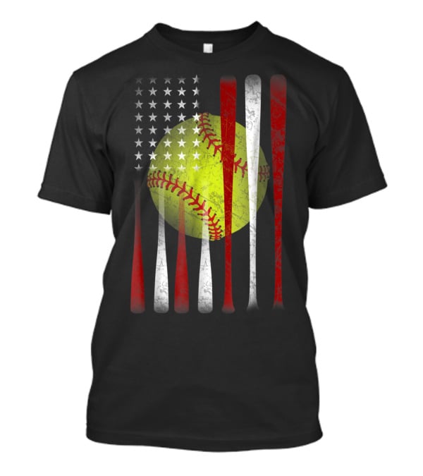 American Flag Softball Vintage Distressed US Flag Bat T-Shirt