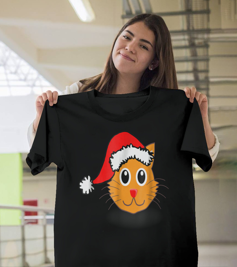 Cat Lover Grandma Kid Grandpa39 Santa Hat Cat Face T-Shirt