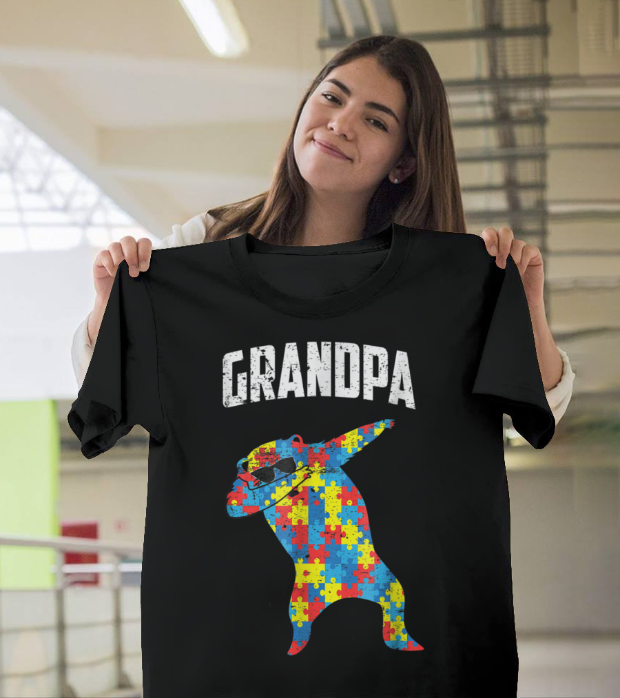 Grandpa Autism Bear Dabbing Puzzle Glasses T-Shirt