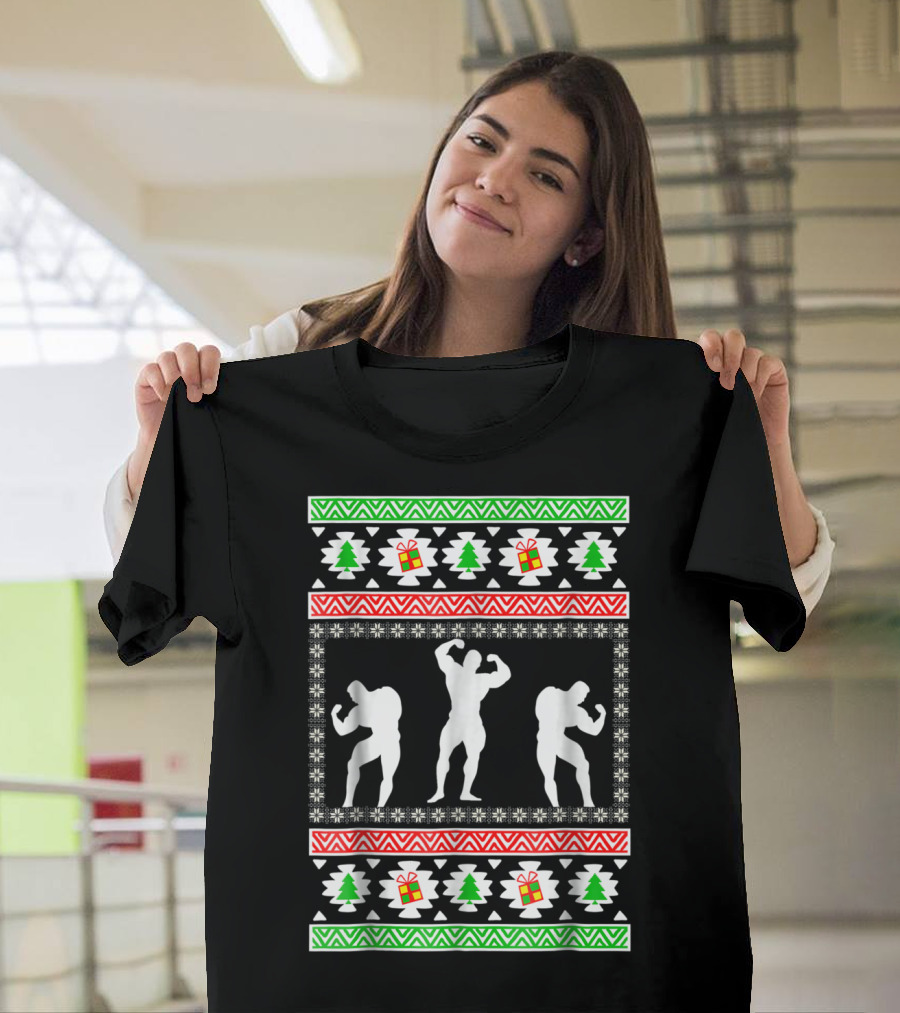 Bodybuilding Christmas Silhouette Trees And Gifts T-Shirt