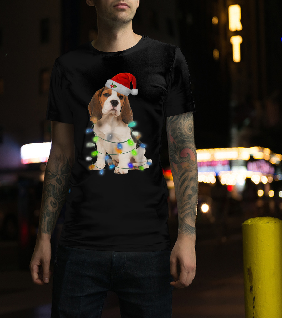 Beagle Wrapped In Christmas Lights With Santa Hat For Mom Women Girl T-Shirt