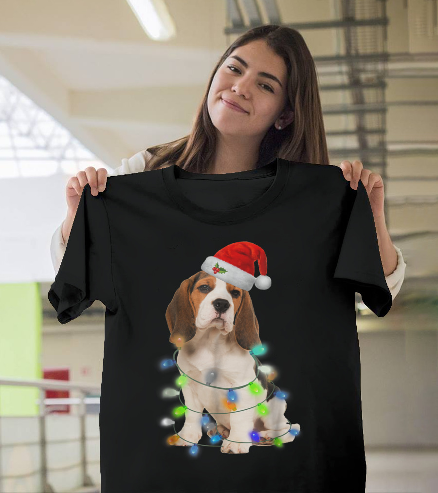Beagle Wrapped In Christmas Lights With Santa Hat For Mom Women Girl T-Shirt