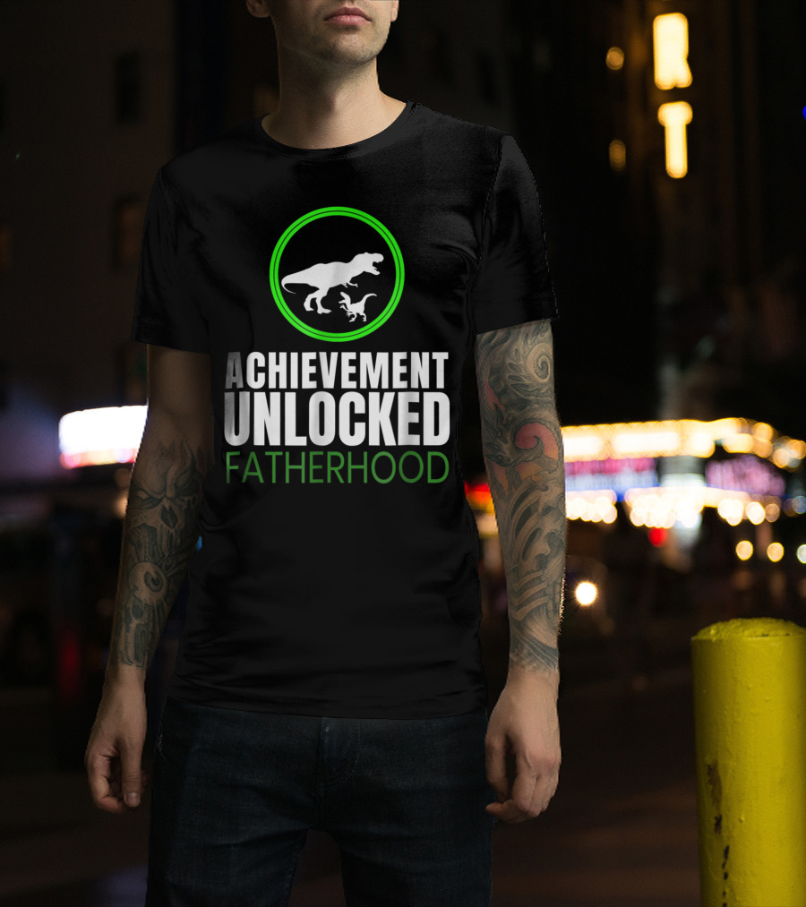 Achievement Unlocked Fatherhood Dinosaur Gaming First Time Dad T-Shirt