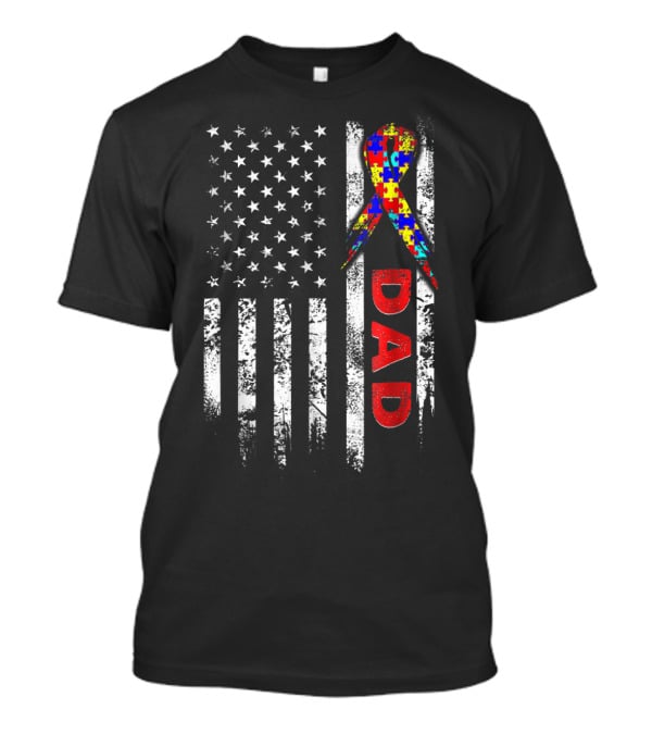 Autism Awareness American Flag Dad Ribbon Puzzle T-Shirt