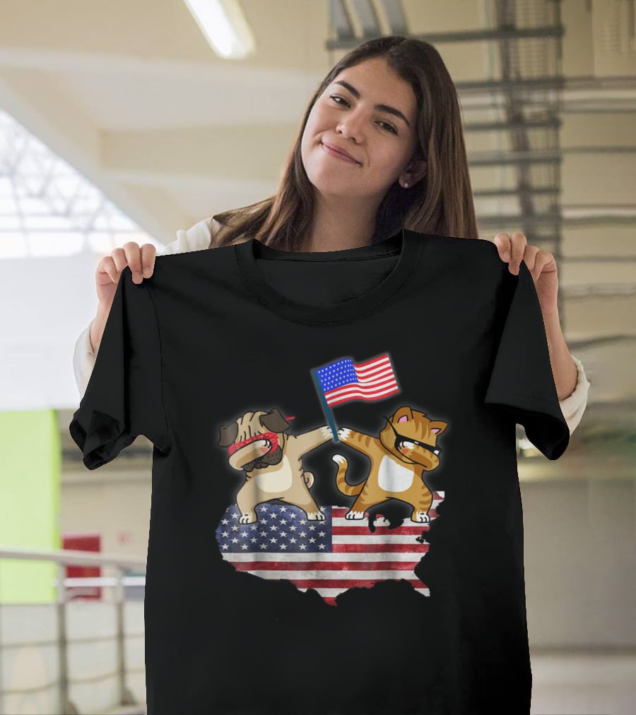 Dad Joke Loading Patriotic Pug And Cat Dabbing With American Flag USA Map T-Shirt