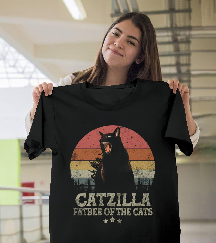 Catzilla Father Of The Cats Retro Sunset Roar T-Shirt