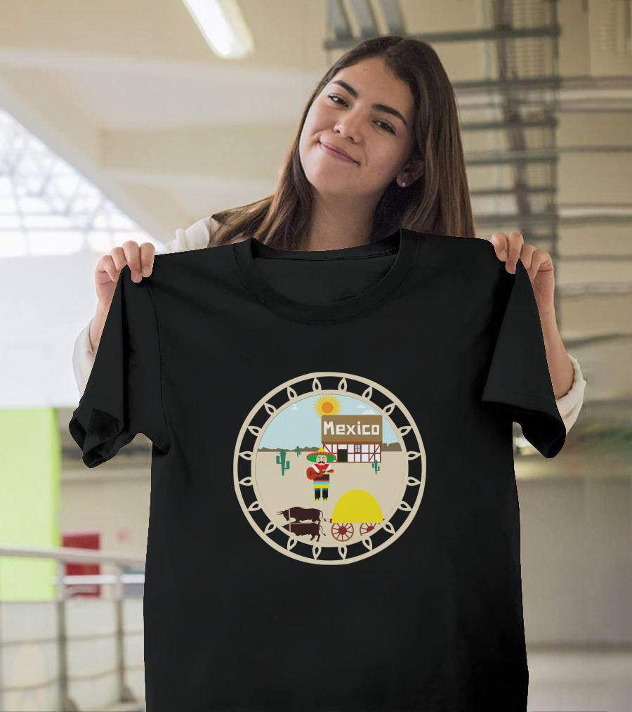 Mexico Village Sun And Sombrero Scene With Donkey Cart And Cactus T-Shirt