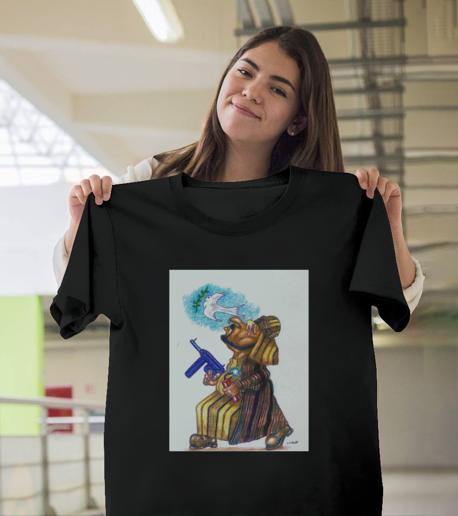A Terrorist Act Cartoon Character Holding Gun and Dove Balloon T-Shirt