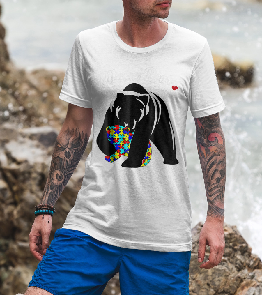 Mama Bear Autism Awareness Love Support Mom Puzzle Heart T-Shirt