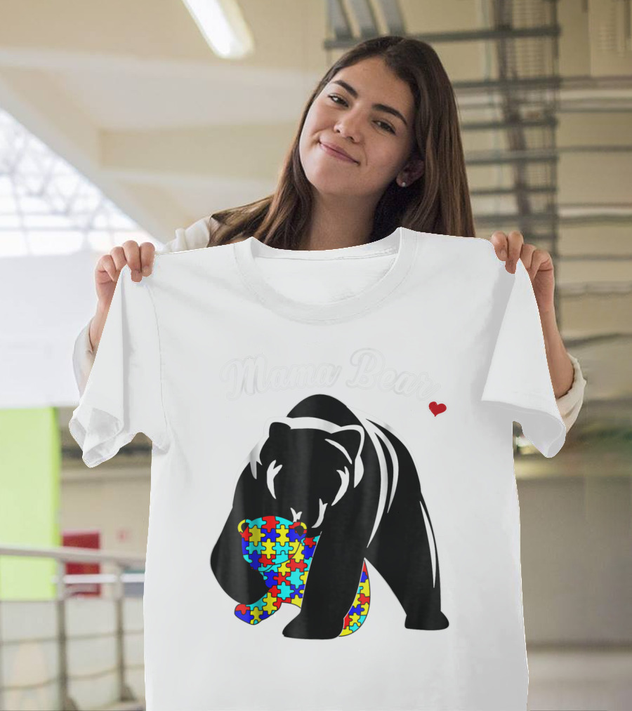 Mama Bear Autism Awareness Love Support Mom Puzzle Heart T-Shirt