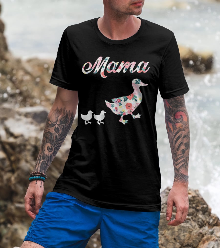 Mama Duck Mom Of 2 Floral Pattern Mother Duck T-Shirt